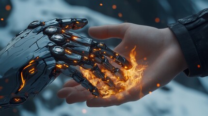 Valentine's Day in the mountains, robot hand holds a human hand with a backdrop of fire