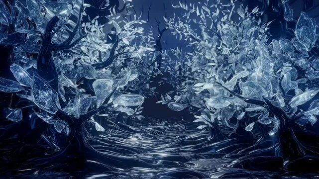 A forest made entirely of shimmering glass trees and leaves. The forest reflects soft moonlight, creating dreamy patterns of shattered light through the branches.