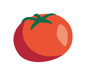 Bright red tomato with green leaves depicted in a minimalistic vector style on a white background. Represents healthy food, nature, and freshness. Vector illustration