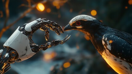 Valentine's Day scene with a robot hand and a bird's claw touching delicately