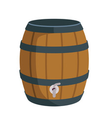 Wooden barrel with metal bands and tap, isolated on white background. Simple and clean vector style, perfect for rustic, storage, or beverage concepts. Vector illustration.