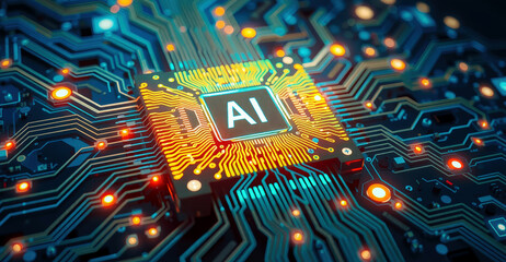 glowing AI chip is integrated into complex circuit board, showcasing advanced technology and innovation in artificial intelligence. intricate design highlights future of computing