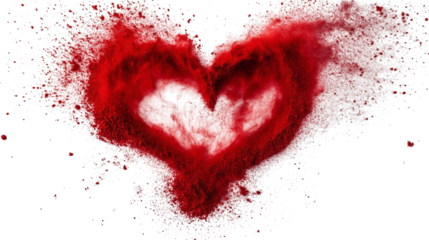 Red powder explosion forming a heart shape isolated on white background