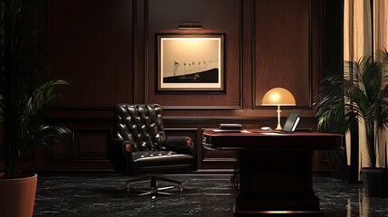 Elegant Dark Study: Leather Chair, Desk, and Art Deco Print