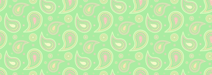 Elegant pastel paisley pattern on a soft green background. Perfect for textile design, wallpaper, or any project needing a delicate, vintage touch.