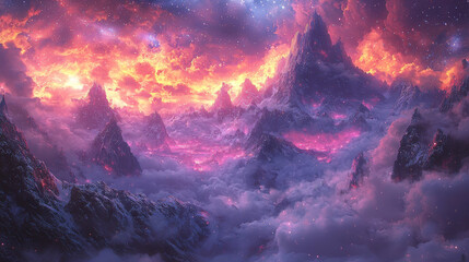 Obraz premium Fiery Peaks Rise Above a Dreamlike Cloud Sea