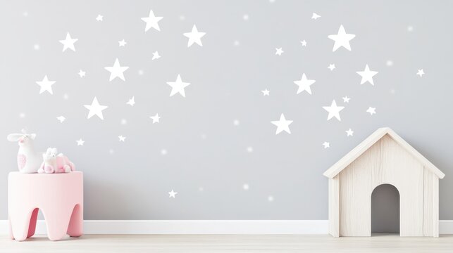 Whimsical Nursery Decor with White Star Wall Decals and Pastel Toys