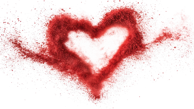 Red powder explosion forming a heart shape isolated on white background