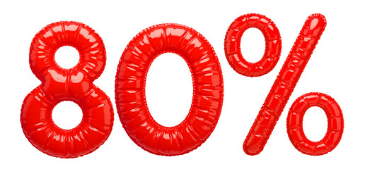 80% Sale banner with red balloons. Bright, glossy red inflatable balloon numbers and a percentage sign isolated on a transparent background. 