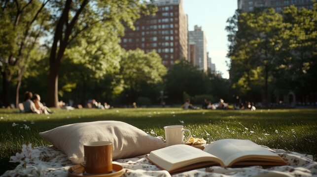 A cozy picnic scene in a city park with an open book, a cup of coffee, and a pillow on a sunny day under lush trees.