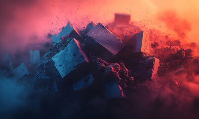 Abstract image of dark, angular blocks exploding in vibrant red and blue smoke; dynamic, powerful, artistic.