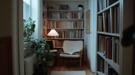 A serene reading corner fills with natural light, framed by books and a cozy armchair, evoking a sense of escape and intellectual solace.