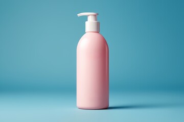 a close up of a bottle of pink liquid on a blue background