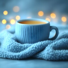 Cozy blue teacup on soft blanket with warm lights.