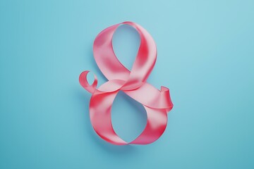 Fototapeta premium Blue card for International Women's Day with a pink ribbon eight in the center