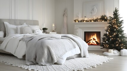 Cozy winter bedroom with fireplace, Christmas tree, and soft bedding.