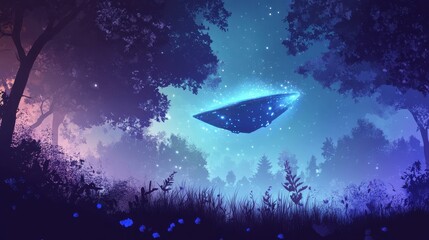 Glowing Spaceship Hovering Over Enchanting Forest