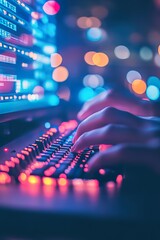 Hands typing on keyboard with colorful led lights in background