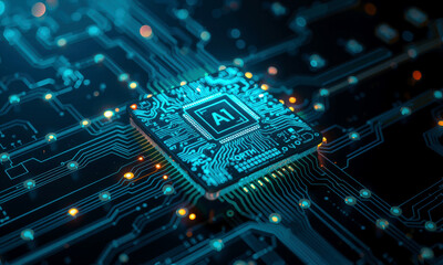 glowing AI chip processor on circuit board, showcasing advanced technology and innovation in computing. intricate design highlights complexity and precision of modern electronics