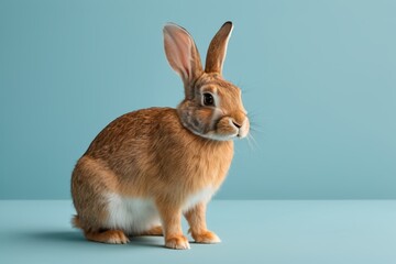 there is a brown rabbit sitting on a blue surface