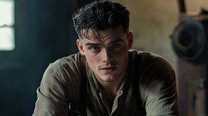 Obraz premium Intense Portrait of a Young Man: A Moody and Stylish Photo