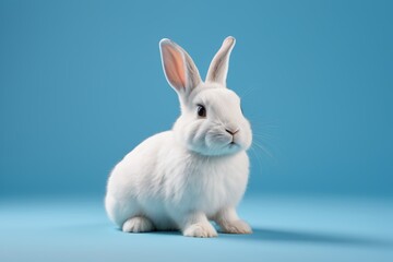 Obraz premium arafed white rabbit sitting on a blue surface with a blue background