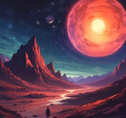 Illustration of outer planet with starry galaxy.