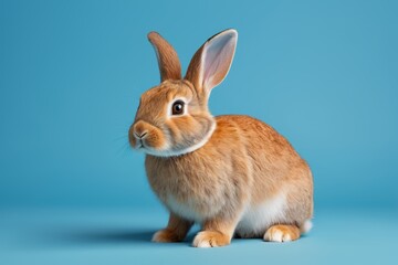 there is a small rabbit that is sitting on a blue surface