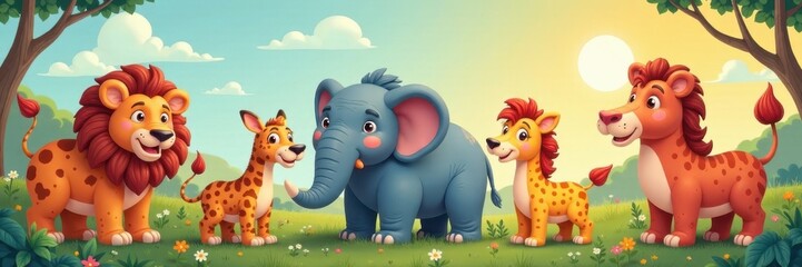 Fototapeta premium Cartoon animal vector illustration set with diverse big animals in colorful backgrounds , animals, vectors, diversity