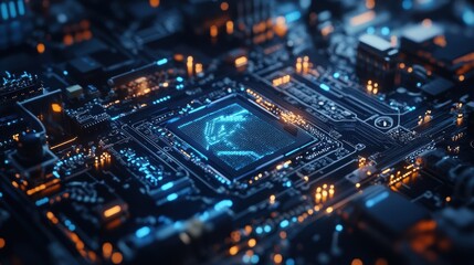 Fototapeta premium Cpu is processing data on a motherboard with futuristic blue and orange lights, symbolizing artificial intelligence and advanced technology