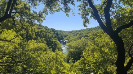 Fototapeta premium Waterfall in green forest viewed thru trees for background use