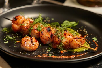 Fototapeta premium Grilled Shrimp Skewers with Green Sauce and Herbs