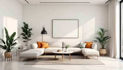 Modern japandi living room with a white sofa, a coffee table, and various decorative elements such as potted plants and a large blank picture frame on the wall.