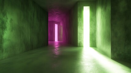 Fototapeta premium Abstract Green and Pink Neon Lit Corridor