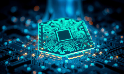 glowing AI chip processor is integrated into complex circuit board, showcasing advanced technology and innovation. intricate design highlights future of computing and artificial intelligence