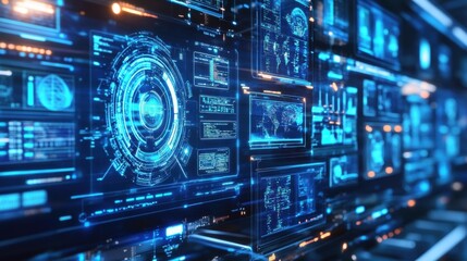Obraz premium Futuristic control panel featuring manufacturing data analysis and global metrics on multiple digital screens, boosting efficiency and productivity in modern industry