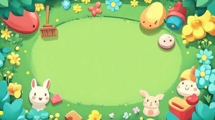 Fototapeta premium Cartoon grass patch with toys, flowers, and blank space.