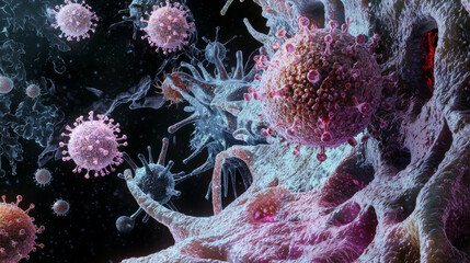 Microscopic view of viruses infecting a human cell