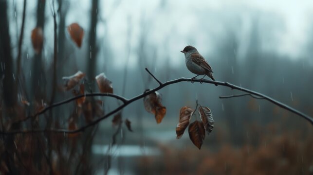 A lone sparrow perched on a bare, wet branch amid softly falling rain, capturing a quiet moment in nature's embrace.