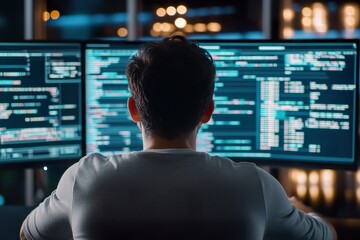 Young male programmer working on computers in a dark office
