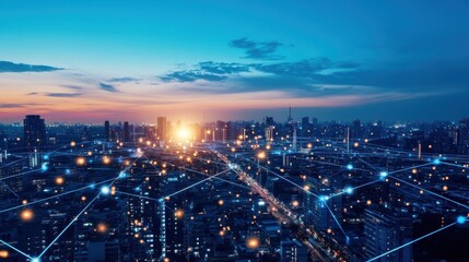 Fototapeta premium Illuminated network connecting buildings and infrastructure in a smart city at sunset, symbolizing interconnectedness, communication, and technological advancement in urban development
