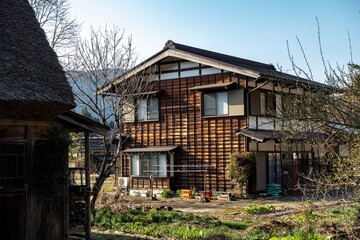 Shirakawa traditional wooden house in the golden hour. Japan