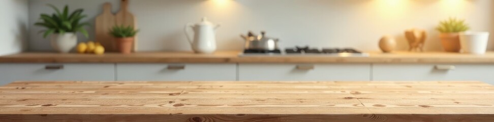 Empty wooden tabletop, blurred modern kitchen background Bright, clean, minimalist space , smooth, airy, visual