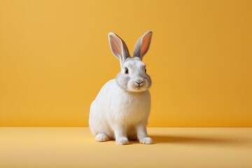 Fototapeta premium there is a white rabbit sitting on a yellow surface