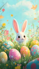 Adorable Easter Bunny Amidst Colorful Eggs and Flowers