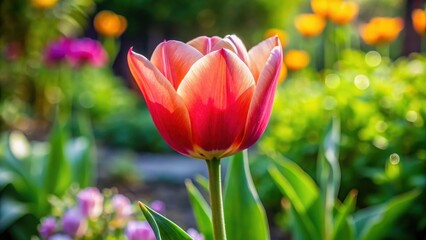 Naklejka premium A close-up of a single tulip bloom with its cup-shaped petals and slender stem in a garden bed surrounded by greenery, flowers in field, flower