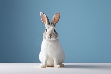 Obraz premium there is a white rabbit sitting on a table with a blue background