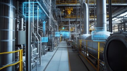 Inside a modern industrial facility, augmented reality interfaces display real time data and control systems, enhancing efficiency and automation in manufacturing processes