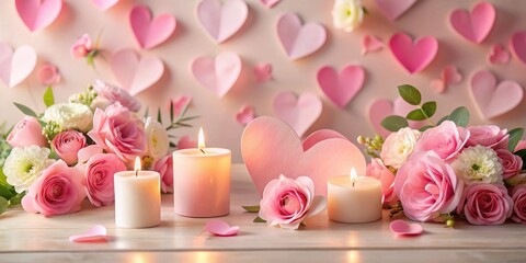 Soft pink paper hearts scattered around a table with a beautiful floral arrangement and a few candles , valentines day, paper hearts