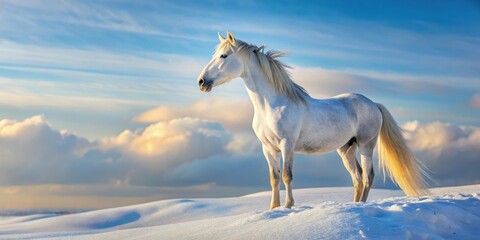 White horse in snow, standing alone, looking up at the sky, with gentle movement of its neck, snow